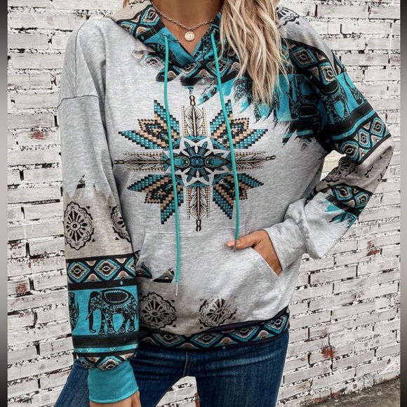 🌵Turquoise Aztec Tribal Print Kangaroo Pocket Drawstring Hoodie - Picture 4 of 10